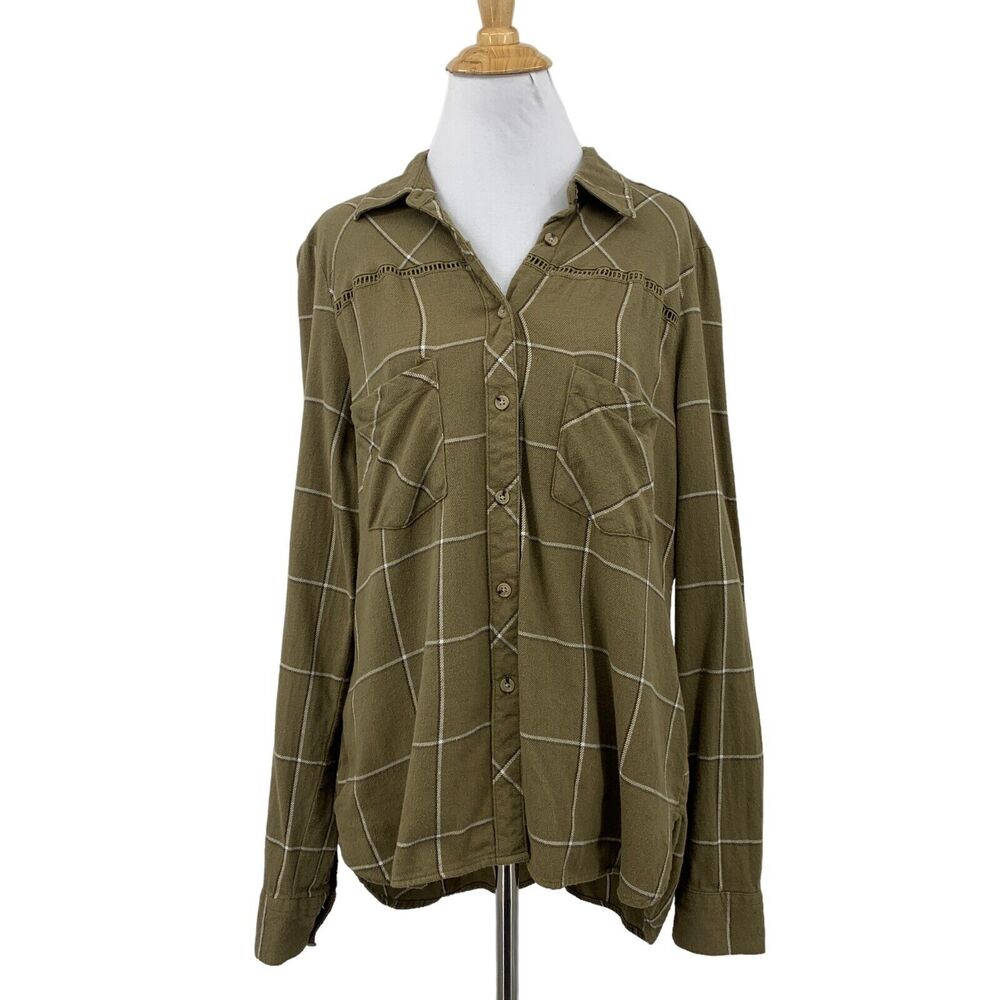 Shyanne Top Women M Medium Plaid Flannel Ladder Lace Long Sleeve Droptail Hem